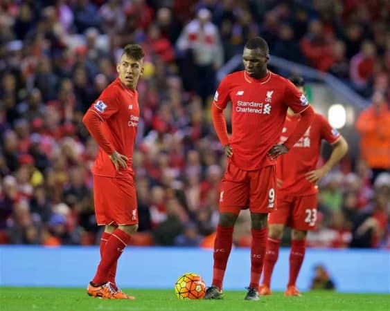 LIVERPOOL, ENGLAND - Sunday, October 25, 2015: Liverpool's Roberto Firmino and Christian Benteke look dejected as his side concede a late equaliser to Southampton during the Premier League match at Anfield. (Pic by David Rawcliffe/Propaganda)