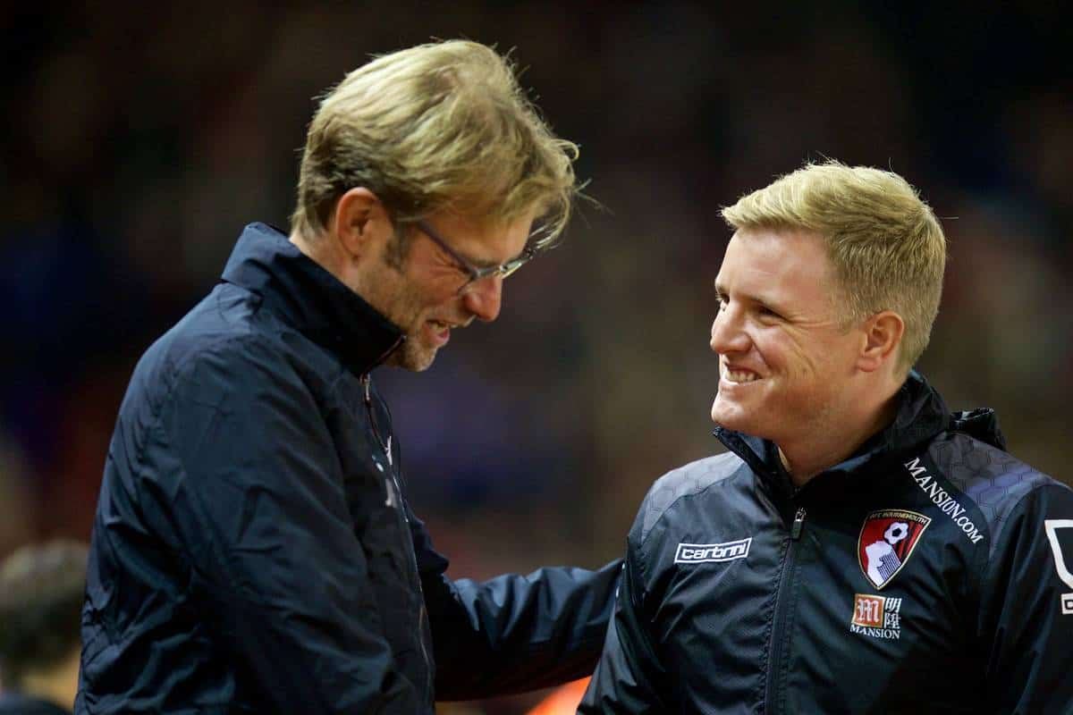 LIVERPOOL, ENGLAND - Wednesday, October 28, 2015: Liverpool's manager Jürgen Klopp and AFC Bournemouth's manager Eddie Howe during the Football League Cup 4th Round match at Anfield. (Pic by David Rawcliffe/Propaganda)