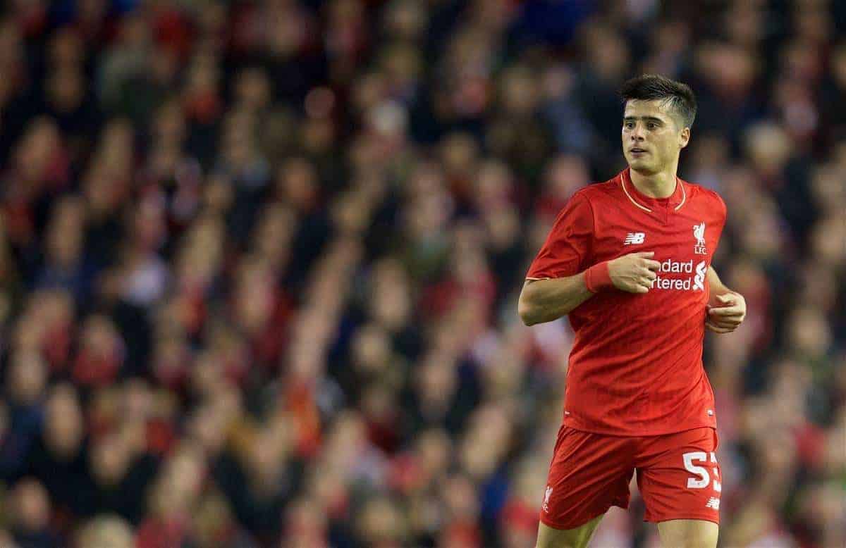 LIVERPOOL, ENGLAND - Wednesday, October 28, 2015: Liverpool's Joao Carlos Teixeira in action against AFC Bournemouth during the Football League Cup 4th Round match at Anfield. (Pic by David Rawcliffe/Propaganda)