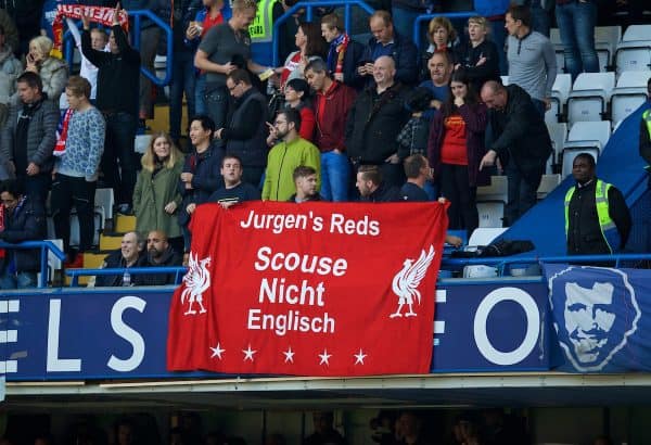 LONDON, ENGLAND - Saturday, October 31, 2015: Liverpool supporters' banner "Jurgen's Reds Scouse Nicht Englisch" during the Premier League match against Chelsea at Stamford Bridge. (Pic by David Rawcliffe/Propaganda)