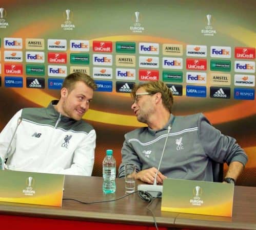 KAZAN, RUSSIA - Wednesday, November 4, 2015: Liverpool's goalkeeper Simon Mignolet and manager Jürgen Klopp during a press conference at the Kazan Arena ahead of the UEFA Europa League Group Stage Group B match against FC Rubin Kazan. (Pic by Oleg Nikishin/Propaganda)