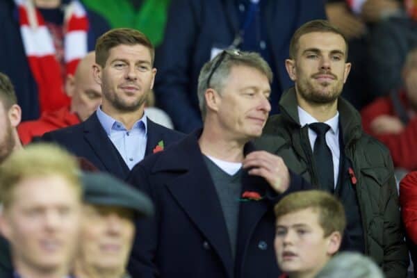 LIVERPOOL, ENGLAND - Sunday, November 8, 2015: Former Liverpool captain Steven Gerrard and current captain Jordan Henderson look on from the Directors' Box before the Premier League match against Crystal Palace at Anfield. (Pic by David Rawcliffe/Propaganda)