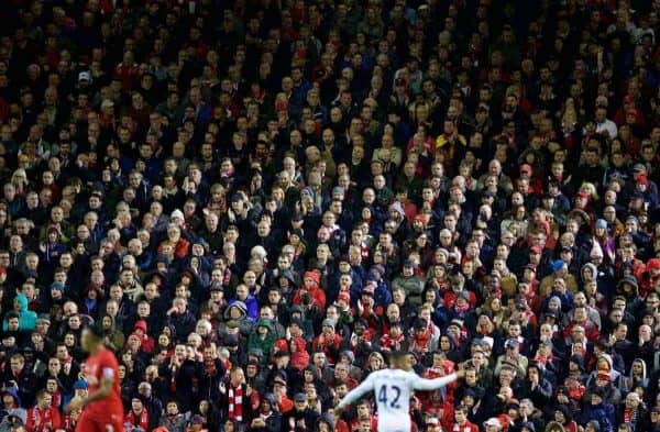 LIVERPOOL, ENGLAND - Sunday, November 8, 2015: Liverpool supporters during the Premier League match against Crystal Palace at Anfield. (Pic by David Rawcliffe/Propaganda)