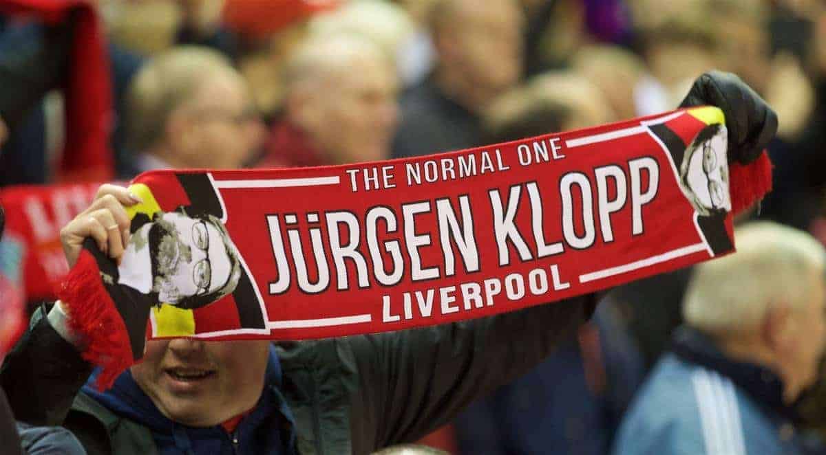 LIVERPOOL, ENGLAND - Thursday, November 26, 2015: A Liverpool supporter with a Jürgen Klopp scarf before the UEFA Europa League Group Stage Group B match against FC Girondins de Bordeaux at Anfield. (Pic by David Rawcliffe/Propaganda)