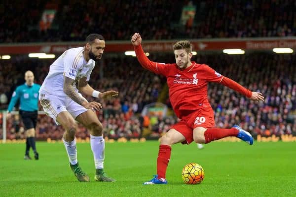 LIVERPOOL, ENGLAND - Sunday, November 29, 2015: Liverpool's Adam Lallana in action against Swansea City during the Premier League match at Anfield. (Pic by David Rawcliffe/Propaganda)