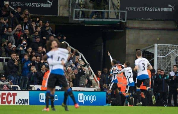 NEWCASTLE-UPON-TYNE, ENGLAND - Sunday, December 6, 2015: Newcastle United's Georginio Wijnaldum celebrates scoring the second goal against Liverpool during the Premier League match at St. James' Park. (Pic by David Rawcliffe/Propaganda)