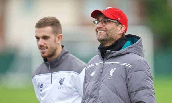 LIVERPOOL, ENGLAND - Wednesday, December 9, 2015: Liverpool's captain Jordan Henderson and manager Jürgen Klopp during a training session at Melwood Training Ground ahead of the UEFA Europa League Group Stage Group B match against FC Sion. (Pic by David Rawcliffe/Propaganda)