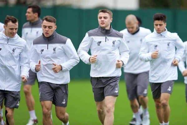 LIVERPOOL, ENGLAND - Wednesday, December 9, 2015: Liverpool's Connor Randall and Jordan Rossiter during a training session at Melwood Training Ground ahead of the UEFA Europa League Group Stage Group B match against FC Sion. (Pic by David Rawcliffe/Propaganda)