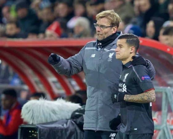 LIVERPOOL, ENGLAND - Thursday, December 10, 2015: Liverpool's manager Jürgen Klopp prepares to bring on substitute Philippe Coutinho Correia against FC Sion during the UEFA Europa League Group Stage Group B match at Stade de Tourbillon. (Pic by David Rawcliffe/Propaganda)