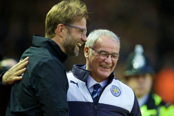 LIVERPOOL, ENGLAND - Boxing Day, Saturday, December 26, 2015: Liverpool's manager Jürgen Klopp and Leicester City's Claudio Ranieri before the Premier League match at Anfield. (Pic by David Rawcliffe/Propaganda)