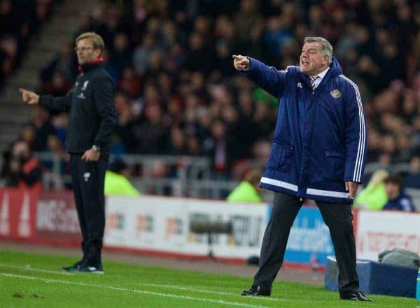 SUNDERLAND, ENGLAND - Wednesday, December 30, 2015: Sunderland's manager Sam Allardyce during the Premier League match against Liverpool at the Stadium of Light. (Pic by David Rawcliffe/Propaganda)