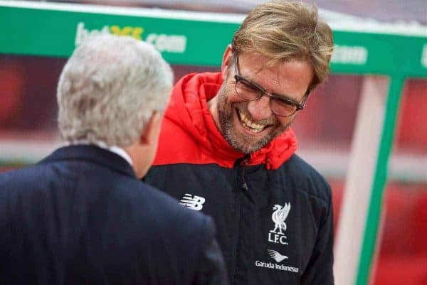 STOKE-ON-TRENT, ENGLAND - Tuesday, January 5, 2016: Liverpool's manager Jürgen Klopp and Stoke City's manager Mark Hughes before the Football League Cup Semi-Final 1st Leg match at the Britannia Stadium. (Pic by David Rawcliffe/Propaganda)