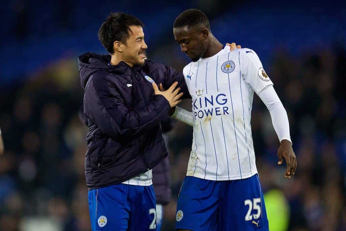 LIVERPOOL, ENGLAND - Saturday, January 7, 2017: Leicester City's Nampalys Mendy celebrates with unused substitute Shinji Okazaki after the 2-1 victory over Everton the FA Cup 3rd Round match at Goodison Park. (Pic by David Rawcliffe/Propaganda)