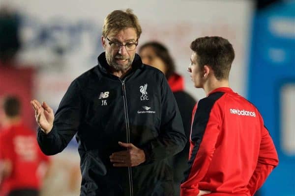 EXETER, ENGLAND - Friday, January 8, 2016: Liverpool's manager Jürgen Klopp talks to Cameron Brannagan before the FA Cup 3rd Round match against Exeter City at St. James Park. (Pic by David Rawcliffe/Propaganda)