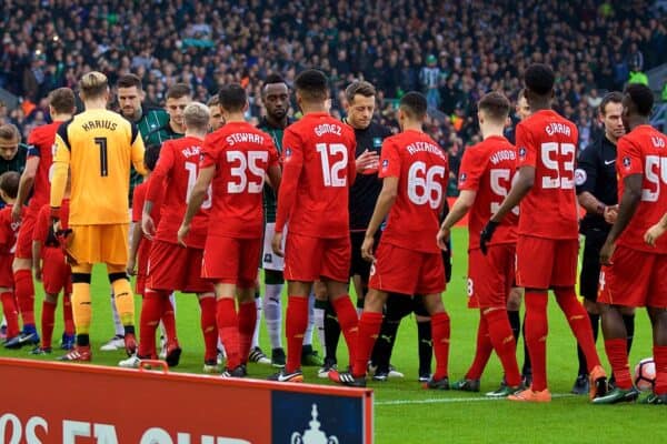 LIVERPOOL, ENGLAND - Saturday, January 7, 2017: Liverpool and Plymouth Argyle players shake hands before the FA Cup 3rd Round match at Anfield. (Pic by David Rawcliffe/Propaganda)