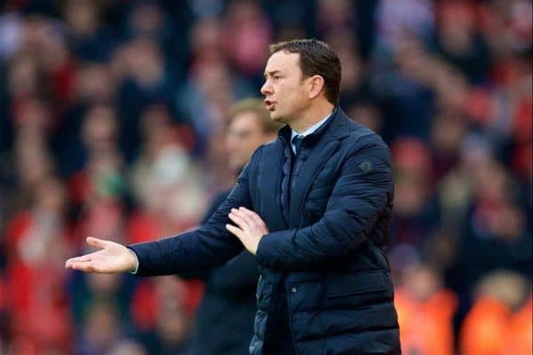 LIVERPOOL, ENGLAND - Saturday, January 7, 2017: Plymouth Argyle's manager Derek Adams during the FA Cup 3rd Round match against Liverpool at Anfield. (Pic by David Rawcliffe/Propaganda)