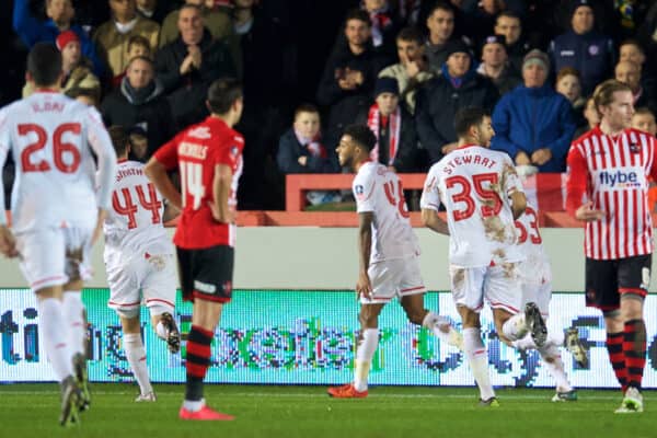 EXETER, ENGLAND - Friday, January 8, 2016: Liverpool's Jerome Sinclair celebrates scoring the first goal against Exeter City during the FA Cup 3rd Round match at St. James Park. (Pic by David Rawcliffe/Propaganda)