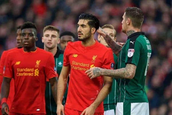 LIVERPOOL, ENGLAND - Saturday, January 7, 2017: Liverpool's Emre Can in action against Plymouth Argyle's Sonny Bradley during the FA Cup 3rd Round match at Anfield. (Pic by David Rawcliffe/Propaganda)