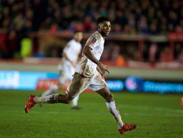 EXETER, ENGLAND - Friday, January 8, 2016: Liverpool's Jerome Sinclair in action against Exeter City during the FA Cup 3rd Round match at St. James Park. (Pic by David Rawcliffe/Propaganda)