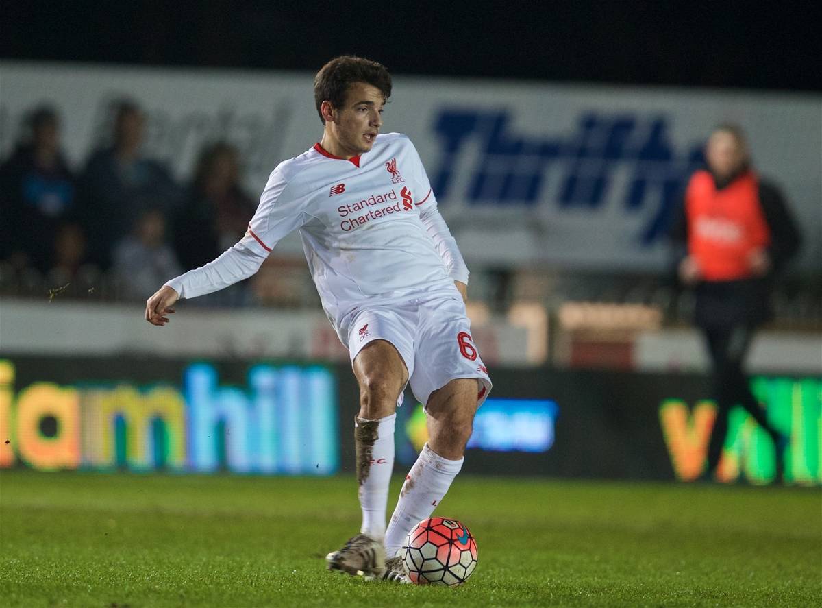 EXETER, ENGLAND - Friday, January 8, 2016: Liverpool's Pedro Chirivella in action against Exeter City during the FA Cup 3rd Round match at St. James Park. (Pic by David Rawcliffe/Propaganda)