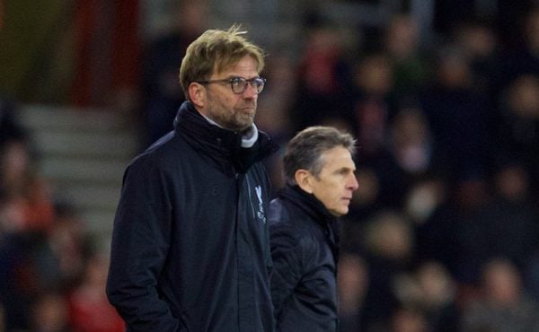 SOUTHAMPTON, ENGLAND - Wednesday, January 11, 2017: Liverpool's manager J¸rgen Klopp and Southampton's manager Claude Puel during the Football League Cup Semi-Final 1st Leg match at St. Mary's Stadium. (Pic by David Rawcliffe/Propaganda)