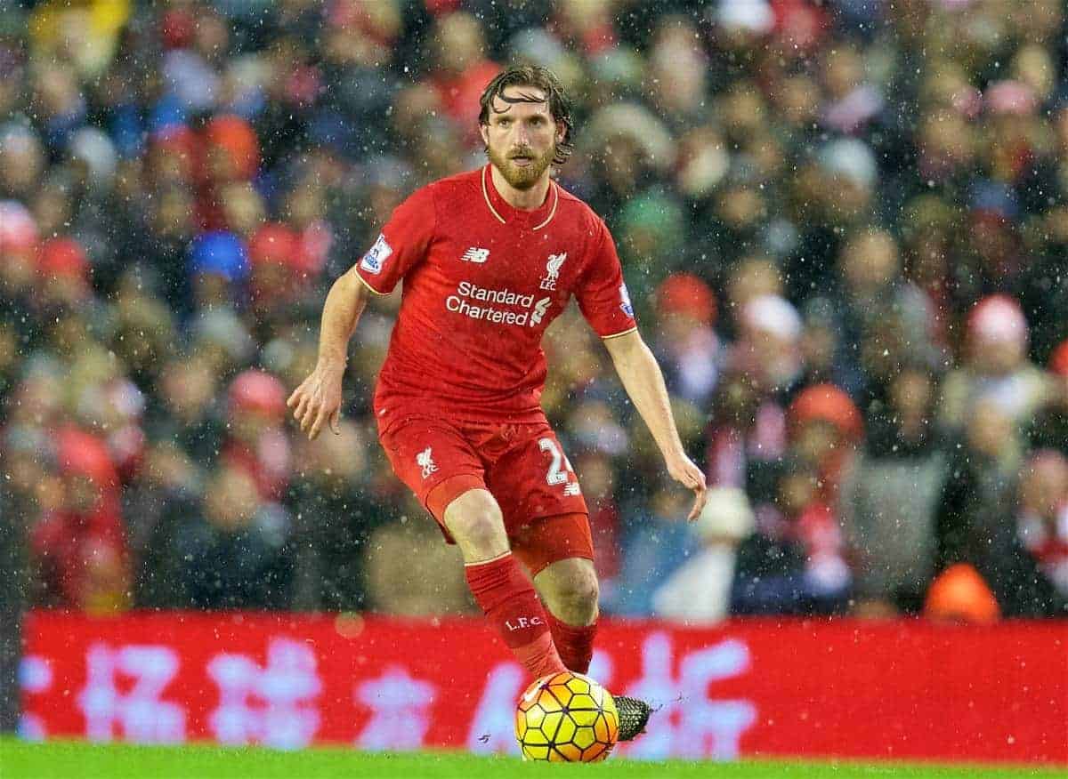 LIVERPOOL, ENGLAND - Wednesday, January 13, 2016: Liverpool's Joe Allen in action against Arsenal during the Premier League match at Anfield. (Pic by David Rawcliffe/Propaganda)