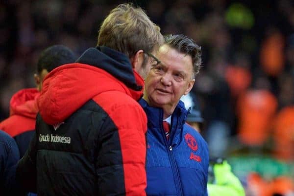 LIVERPOOL, ENGLAND - Sunday, January 17, 2016: Manchester United's manager Louis van Gaal and Liverpool's manager Jürgen Klopp before the Premier League match at Anfield. (Pic by David Rawcliffe/Propaganda)