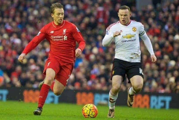 LIVERPOOL, ENGLAND - Sunday, January 17, 2016: Liverpool's Lucas Leiva and Manchester United's captain Wayne Rooney during the Premier League match at Anfield. (Pic by David Rawcliffe/Propaganda)