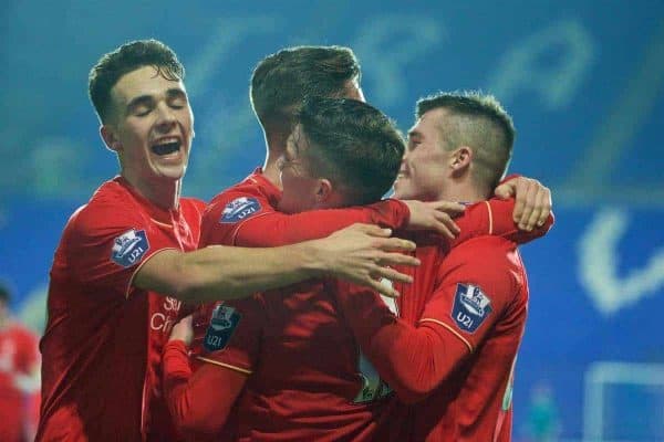 BIRKENHEAD, ENGLAND - Tuesday, January 19, 2016: Liverpool's Daniel Trickett-Smith celebrates scoring the first goal against Leeds United during the Under-21 Premier League Cup match at Prenton Park. (Pic by David Rawcliffe/Propaganda)