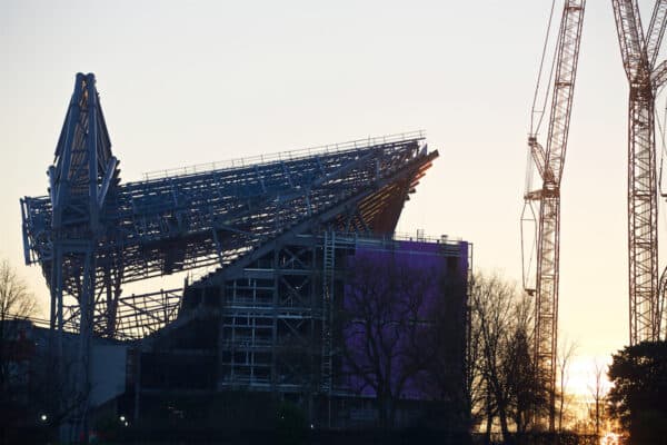 LIVERPOOL, ENGLAND - Wednesday, January 20, 2016: A view of the construction of the new Main Stand at Anfield as seen from Stanley Park before the FA Cup 3rd Round Replay match between Liverpool and Exeter City. (Pic by David Rawcliffe/Propaganda)