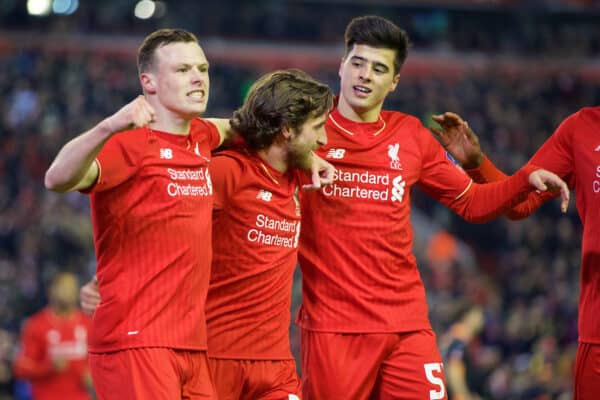 LIVERPOOL, ENGLAND - Wednesday, January 20, 2016: Liverpool's Joe Allen celebrates scoring the first goal against Exeter City with team-mates Brad Smith and Joao Carlos Teixeira during the FA Cup 3rd Round Replay match at Anfield. (Pic by David Rawcliffe/Propaganda)