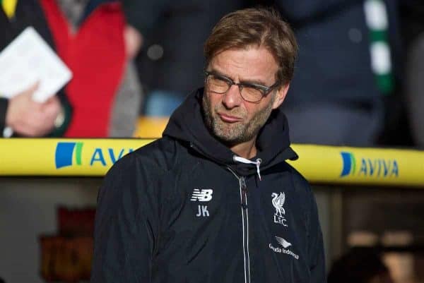 NORWICH, ENGLAND - Friday, January 22, 2016: Liverpool's manager Jürgen Klopp before the Premiership match against Norwich City at Carrow Road. (Pic by David Rawcliffe/Propaganda)