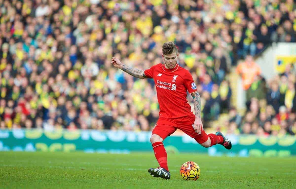 NORWICH, ENGLAND - Friday, January 22, 2016: Liverpool's Alberto Moreno in action against Norwich City during the Premiership match at Carrow Road. (Pic by David Rawcliffe/Propaganda)