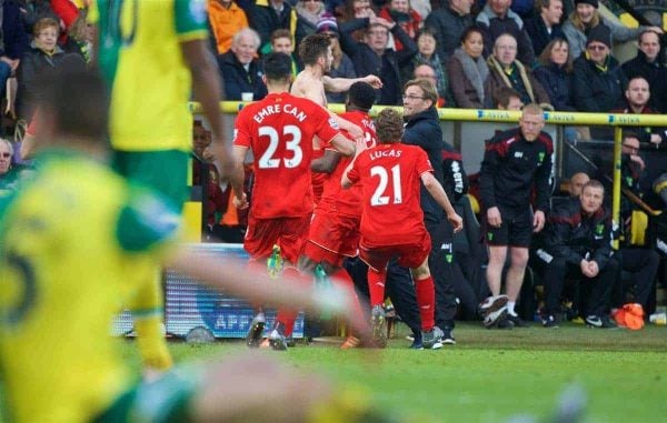 NORWICH, ENGLAND - Friday, January 22, 2016: Liverpool's Adam Lallana celebrates with manager Jürgen Klopp after scoring the fifth, and winning, goal against Norwich City to seal a late 5-4 victory during the Premiership match at Carrow Road. (Pic by David Rawcliffe/Propaganda)