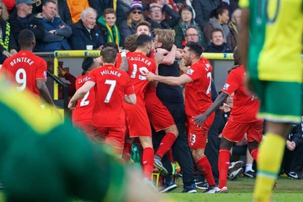 NORWICH, ENGLAND - Friday, January 22, 2016: Liverpool's Adam Lallana celebrates scoring the fifth, and winning, goal against Norwich City to seal a late 5-4 victory with manager Jürgen Klopp during the Premiership match at Carrow Road. (Pic by David Rawcliffe/Propaganda)