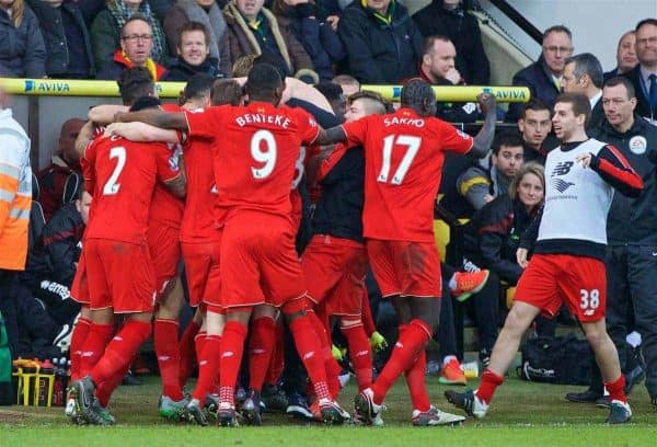 NORWICH, ENGLAND - Friday, January 22, 2016: Liverpool's Adam Lallana celebrates scoring the fifth, and winning, goal against Norwich City to seal a late 5-4 victory with manager Jürgen Klopp during the Premiership match at Carrow Road. (Pic by David Rawcliffe/Propaganda)