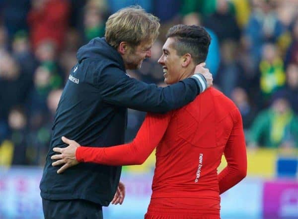 NORWICH, ENGLAND - Friday, January 22, 2016: Liverpool's manager Jürgen Klopp celebrates with Roberto Firmino after the dramatic 5-4 victory over Norwich City during the Premiership match at Carrow Road. (Pic by David Rawcliffe/Propaganda)