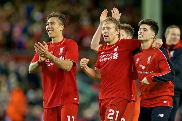 LIVERPOOL, ENGLAND - Monday, January 25, 2016: Liverpool's Roberto Firmino, Lucas Leiva and Joao Carlos Teixeira celebrate after a 6-5 penalty-shoot out win over Stoke City during the Football League Cup Semi-Final 2nd Leg match at Anfield. (Pic by David Rawcliffe/Propaganda)