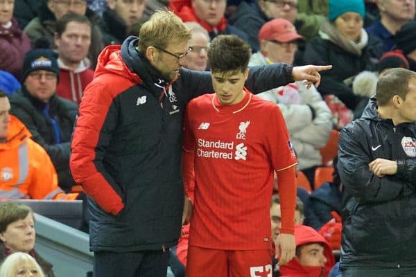 LIVERPOOL, ENGLAND - Saturday, January 30, 2016: Liverpool's manager Jürgen Klopp speaks to Joao Carlos Teixeira during the FA Cup 4th Round match against West Ham United at Anfield. (Pic by David Rawcliffe/Propaganda)