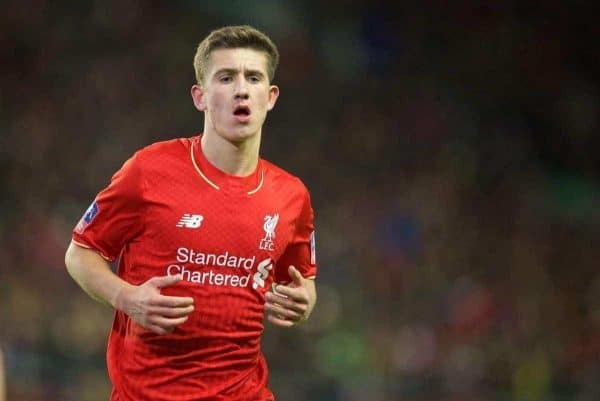 LIVERPOOL, ENGLAND - Saturday, January 30, 2016: Liverpool's Cameron Brannagan in action against West Ham United during the FA Cup 4th Round match at Anfield. (Pic by David Rawcliffe/Propaganda)