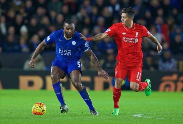 LEICESTER, ENGLAND - Monday, February 1, 2016: Liverpool's Roberto Firmino in action against Leicester City's captain Wes Morgan during the Premier League match at Filbert Way. (Pic by David Rawcliffe/Propaganda)