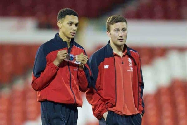 NOTTINGHAM, ENGLAND - Thursday, February 4, 2016: Liverpool's Trent Alexander-Arnold and Herbie Kane on the pitch ahead of the FA Youth Cup 5th Round match against Nottingham Forest at the City Ground. (Pic by David Rawcliffe/Propaganda)