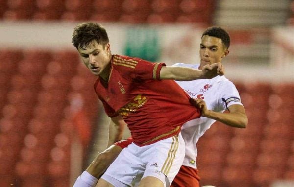 NOTTINGHAM, ENGLAND - Thursday, February 4, 2016: Liverpool's Trent Alexander-Arnold in action against Nottingham Forest's Ben Brereton during the FA Youth Cup 5th Round match at the City Ground. (Pic by David Rawcliffe/Propaganda)