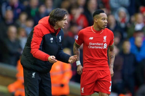 LIVERPOOL, ENGLAND - Saturday, February 6, 2016: Liverpool's assistant manager Zeljko Buvac and Nathaniel Clyn during the Premier League match against Sunderland at Anfield. (Pic by David Rawcliffe/Propaganda)