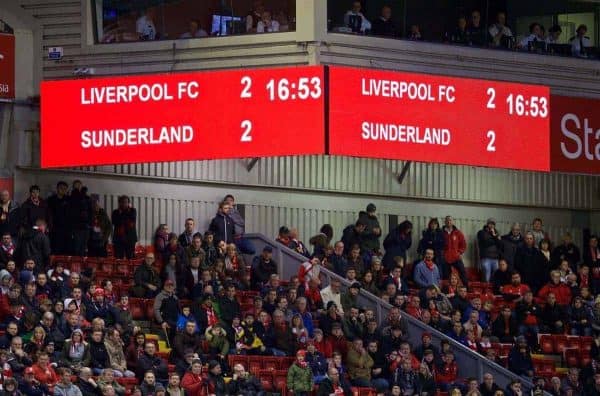 LIVERPOOL, ENGLAND - Saturday, February 6, 2016: Liverpool's scoreboard records the 2-2 draw with Sunderland during the Premier League match at Anfield. (Pic by David Rawcliffe/Propaganda)