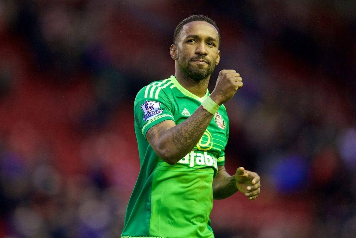 LIVERPOOL, ENGLAND - Saturday, February 6, 2016: Sunderland's goal-scorer Jermain Defoe celebrates the 2-2 draw against Liverpool during the Premier League match at Anfield. (Pic by David Rawcliffe/Propaganda)