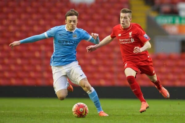 LIVERPOOL, ENGLAND - Sunday, February 7, 2016: Liverpool's Ryan Kent in action against Manchester City's Brandon Baker during the Under-21 FA Premier League match at Anfield. (Pic by David Rawcliffe/Propaganda)