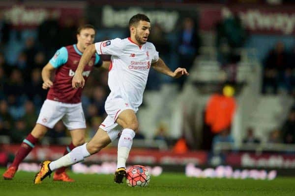 LONDON, ENGLAND - Tuesday, February 9, 2016: Liverpool's Kevin Stewart in action against West Ham United during the FA Cup 4th Round Replay match at Upton Park. (Pic by David Rawcliffe/Propaganda)