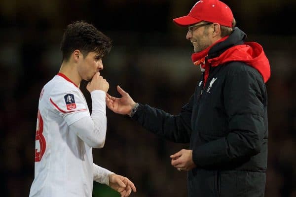 LONDON, ENGLAND - Tuesday, February 9, 2016: Liverpool's manager Jürgen Klopp and Joao Carlos Teixeira during the FA Cup 4th Round Replay match against West Ham United at Upton Park. (Pic by David Rawcliffe/Propaganda)