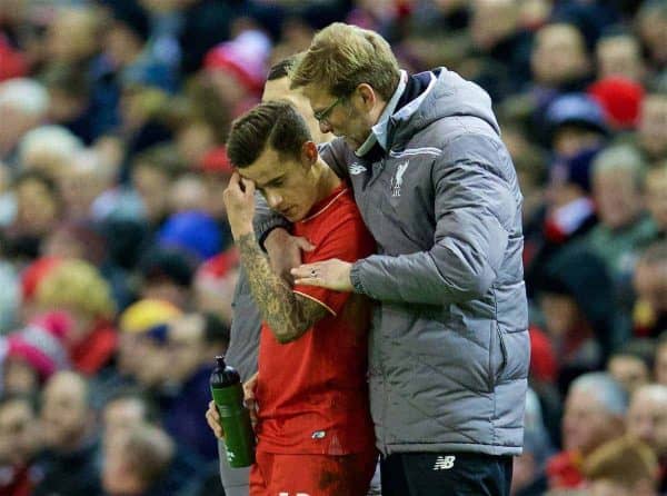 LIVERPOOL, ENGLAND - Thursday, February 25, 2016: Liverpool's manager Jürgen Klopp and Philippe Coutinho Correia during the UEFA Europa League Round of 32 1st Leg match against FC Augsburg at Anfield. (Pic by David Rawcliffe/Propaganda)